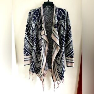 asymmetrical Fringed Open Front Cardigan Aztec Western Wool Blend Sweater size M